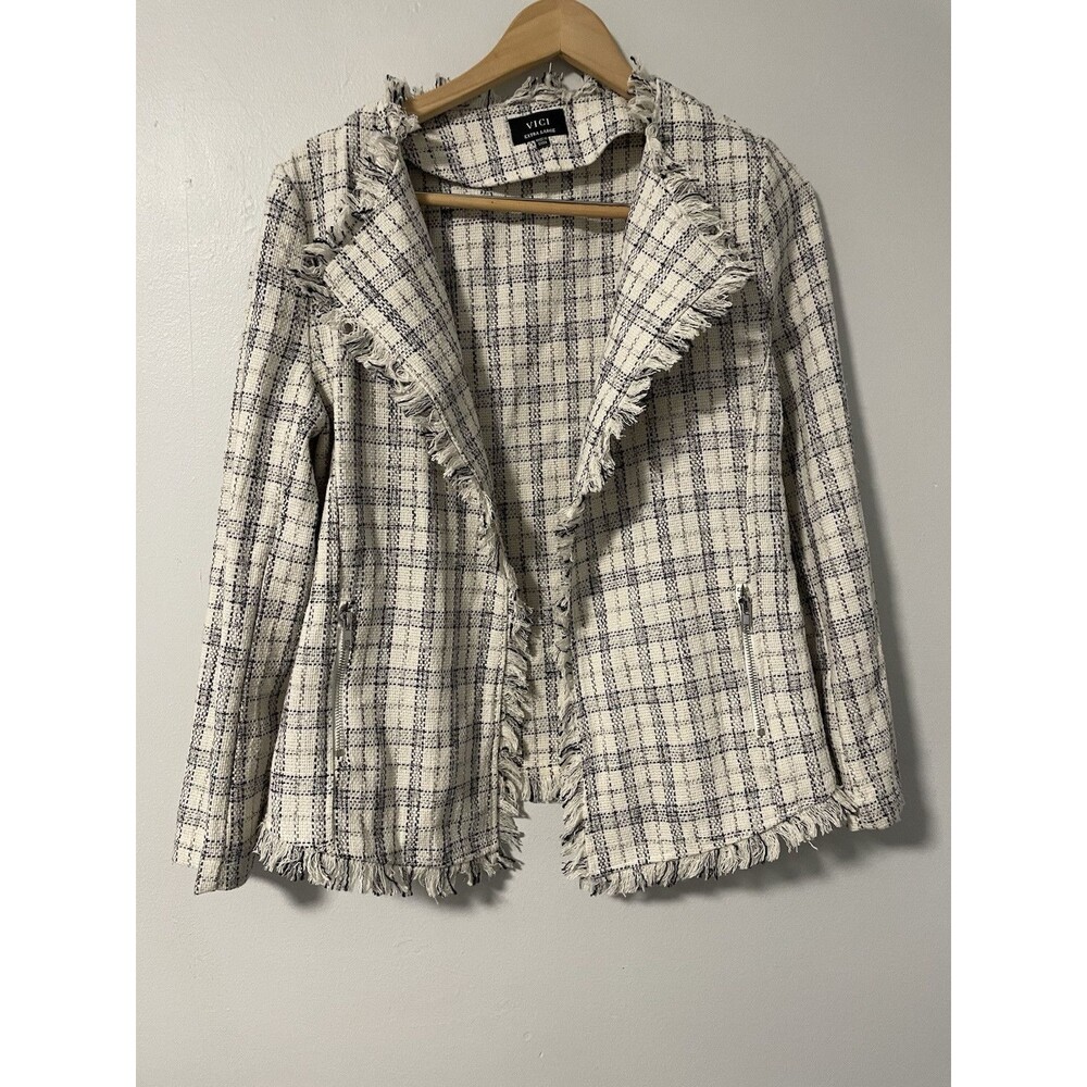 VICI Womens XL Cream Navy Plaid Tweed Frayed Trim‎ Open Front Jacket OI5505VC